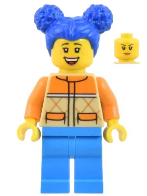 LEGO onderdeel Woman - Tan and Orange Quilted Vest, Dark Azure Legs, Blue Pigtails, Freckles (cty1439)