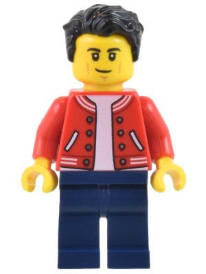 LEGO onderdeel Man - Red Jacket, Dark Blue Legs, Black Hair, Smirk and Cheek Lines (cty1440)