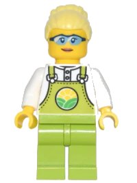 LEGO part Farmer Peach - Lime Overalls over White Shirt, Lime Legs, Bright Light Yellow High Bun, Glasses cty1441