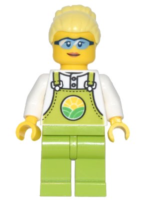 LEGO onderdeel Farmer Peach - Lime Overalls over White Shirt, Lime Legs, Bright Light Yellow High Bun, Glasses (cty1441)