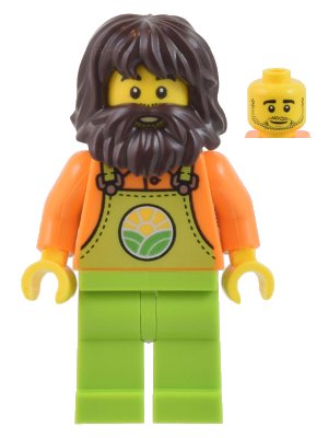LEGO onderdeel Farmer - Male, Lime Overalls over Orange Shirt, Lime Legs, Dark Brown Shaggy Hair and Beard (cty1442)