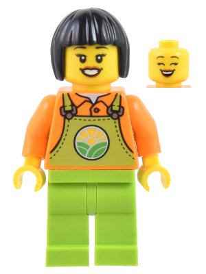 LEGO onderdeel Farmer - Female, Lime Overalls over Orange Shirt, Lime Legs, Black Short Hair (cty1444)