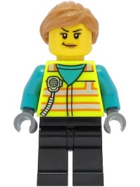 LEGO onderdeel Train Driver - Female, Neon Yellow Safety Vest with Radio, Black Legs, Medium Nougat Ponytail Hair cty1464
