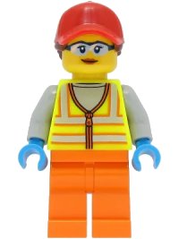 LEGO part Reach Stacker Driver - Female, Neon Yellow Safety Vest, Orange Legs, Red Cap with Reddish Brown Ponytail cty1467