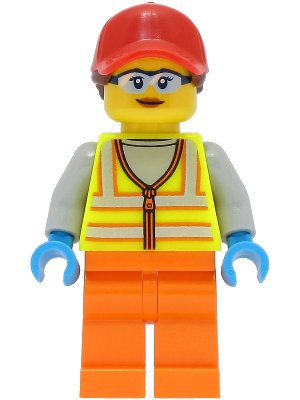 LEGO onderdeel Reach Stacker Driver - Female, Neon Yellow Safety Vest, Orange Legs, Red Cap with Reddish Brown Ponytail (cty1467)