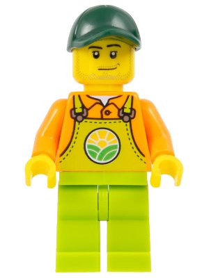 LEGO onderdeel Farmer - Male, Lime Overalls over Orange Shirt, Lime Legs, Dark Green Cap (cty1478)
