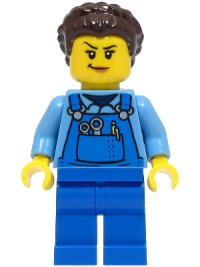 LEGO part Stuntz Crew - Female, Blue Overalls over Medium Blue Shirt, Blue Legs, Dark Brown Hair, Back Print cty1500
