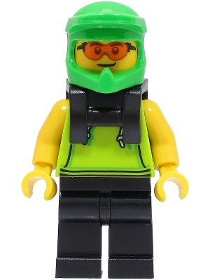 LEGO onderdeel Food Delivery Cyclist - Male, Lime Hoodie, Black Legs, Bright Green Helmet, Neck Bracket, Safety Glasses (cty1508)