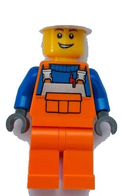 LEGO onderdeel Construction Worker - Male, Orange Overalls with Reflective Stripe and Buckles over Blue Shirt, Orange Legs, White Construction Helmet, Open Lopsided Grin (cty1509)