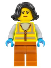 LEGO onderdeel Recycling Worker - Female, Neon Yellow Safety Vest, Dark Orange Legs, Black Hair cty1522
