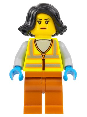 LEGO onderdeel Recycling Worker - Female, Neon Yellow Safety Vest, Dark Orange Legs, Black Hair (cty1522)
