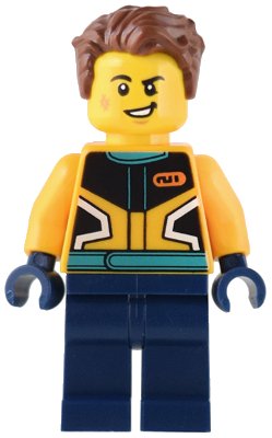 LEGO onderdeel Custom Car Garage Driver - Male, Bright Light Orange Racing Jacket, Dark Blue Legs, Reddish Brown Hair (cty1536)
