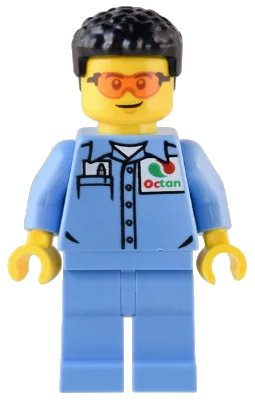 LEGO onderdeel Custom Car Garage Mechanic - Male, Medium Blue Shirt with Octan Logo, Medium Blue Legs, Short Black Hair, Safety Glasses (cty1538)