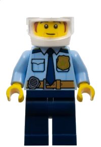 LEGO onderdeel Police - City Shirt with Dark Blue Tie and Gold Badge, Dark Tan Belt with Radio, Dark Blue Legs, White Helmet, Sideburns cty1548