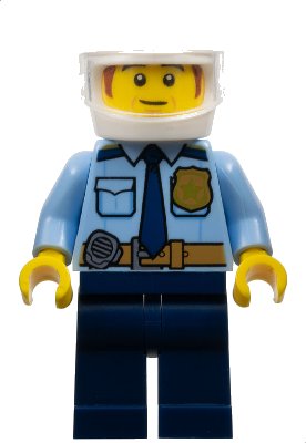 LEGO onderdeel Police - City Shirt with Dark Blue Tie and Gold Badge, Dark Tan Belt with Radio, Dark Blue Legs, White Helmet, Sideburns (cty1548)
