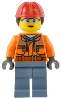 LEGO onderdeel Construction Worker - Female, Orange Safety Jacket, Reflective Stripe, Sand Blue Hoodie, Sand Blue Legs, Red Construction Helmet with Dark Brown Ponytail Hair cty1554