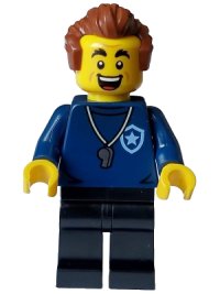 LEGO part Police - City Trainer Academy Male, Dark Blue Shirt, Silver Whistle, Black Legs, Reddish Brown Hair, Open Mouth cty1559