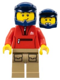 LEGO onderdeel Mountain Bike Cyclist - Male, Red Tracksuit, Dark Tan Legs with Pockets, Dark Blue Dirt Bike Helmet, Lopsided Smile cty1571
