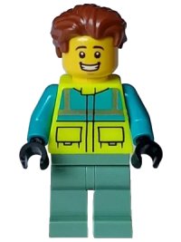 LEGO part Paramedic - Male, Dark Turquoise and Neon Yellow Safety Vest, Sand Green Legs, Reddish Brown Hair, Open Mouth Smile cty1572