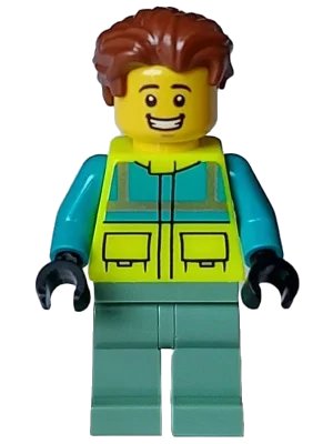 LEGO onderdeel Paramedic - Male, Dark Turquoise and Neon Yellow Safety Vest, Sand Green Legs, Reddish Brown Hair, Open Mouth Smile (cty1572)