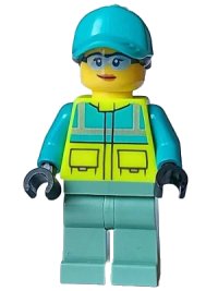 LEGO part Paramedic - Female, Dark Turquoise and Neon Yellow Safety Vest, Sand Green Legs, Dark Turquoise Cap with Black Ponytail Hair, Safety Glasses cty1573