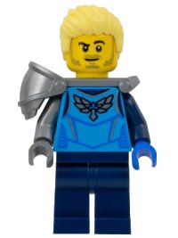 LEGO part Stuntz Driver - Male, Dark Azure Racing Shirt with Silver Wings Logo, Dark Blue Legs, Flat Silver Shoulder Armor, Bright Light Yellow Spiked Hair Swept Up, Stubble cty1576