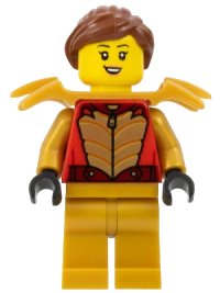 LEGO part Stuntz Driver - Female, Red Racing Jacket with Gold Scales, Pearl Gold Legs, Pearl Gold Shoulder Armor, Reddish Brown Ponytail cty1577