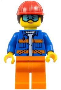 LEGO part Construction Worker - Female, Blue Jacket with Diagonal Lower Pockets and Orange Stripes, Orange Legs, Red Construction Helmet with Dark Brown Ponytail Hair, Goggles cty1600