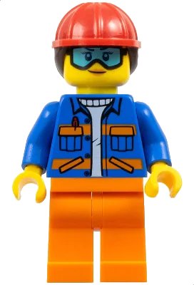 LEGO onderdeel Construction Worker - Female, Blue Jacket with Diagonal Lower Pockets and Orange Stripes, Orange Legs, Red Construction Helmet with Dark Brown Ponytail Hair, Goggles (cty1600)