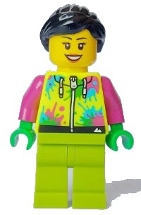 LEGO part Mountain Bike Cyclist - Female, Neon Yellow Jacket with Paint Splotches, Lime Legs, Black Hair cty1631