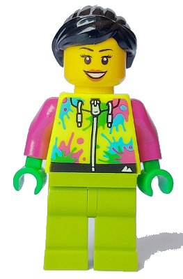 LEGO onderdeel Mountain Bike Cyclist - Female, Neon Yellow Jacket with Paint Splotches, Lime Legs, Black Hair (cty1631)