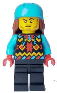 LEGO part Snowboarder - Male, Geometric Jacket, Black Legs, Medium Azure Sports Helmet, Reddish Brown Long Hair cty1633