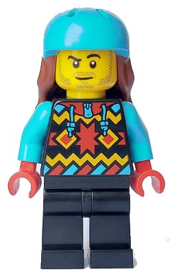 LEGO onderdeel Snowboarder - Male, Geometric Jacket, Black Legs, Medium Azure Sports Helmet, Reddish Brown Long Hair (cty1633)