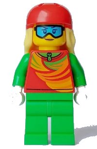 LEGO part Skier - Female, Red Top, Bright Green Legs, Red Sports Helmet, Bright Light Yellow Long Hair, Ski Goggles cty1638