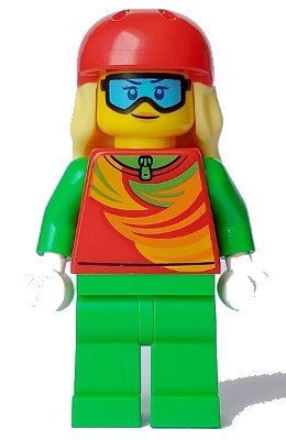 LEGO onderdeel Skier - Female, Red Top, Bright Green Legs, Red Sports Helmet, Bright Light Yellow Long Hair, Ski Goggles (cty1638)