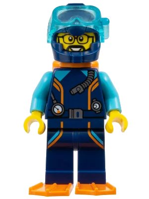 LEGO onderdeel Arctic Explorer Diver - Male, Dark Blue Diving Suit and Helmet, Orange Air Tanks and Flippers, Trans-Light Blue Diver Mask, Beard and Glasses (cty1656)