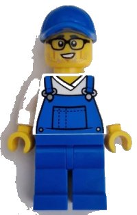 LEGO part Car Cleaner - Male, Blue Overalls over V-Neck Shirt, Blue Legs, Blue Cap, Glasses, Stubble cty1661