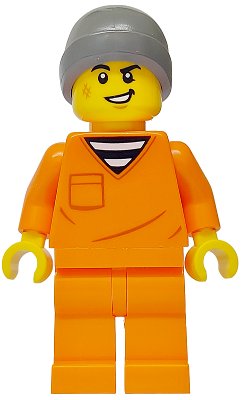 LEGO onderdeel Police - City Jail Prisoner Male, Orange Prison Jumpsuit, Dark Bluish Gray Beanie, Scruff Mark (cty1699)