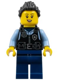 LEGO part Police - City Officer Female, Black Safety Vest with Silver Star Badge Logo, Dark Blue Legs, Black Hair Long with Braided Ponytail cty1703