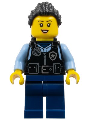 LEGO onderdeel Police - City Officer Female, Black Safety Vest with Silver Star Badge Logo, Dark Blue Legs, Black Hair Long with Braided Ponytail (cty1703)