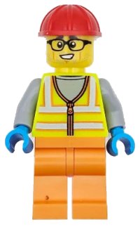 LEGO part Construction Worker - Male, Neon Yellow Safety Vest, Orange Legs, Red Construction Helmet, Black Glasses cty1710