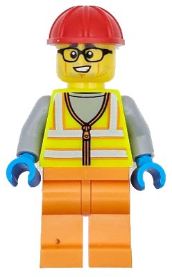 LEGO onderdeel Construction Worker - Male, Neon Yellow Safety Vest, Orange Legs, Red Construction Helmet, Black Glasses (cty1710)
