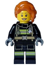 LEGO part Fire - Female, Black Jacket and Legs with Reflective Stripes, Dark Orange Hair Wavy, Loose Braid cty1713