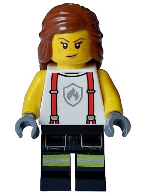 LEGO onderdeel Fire - Female, White Shirt with Suspenders, Legs with Reflective Stripes, Reddish Brown Hair with Braid (cty1715)