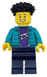 LEGO part Race Photographer - Male, Dark Turquoise Jacket, Dark Blue Legs, Black Coiled Hair cty1719
