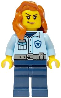 LEGO onderdeel Police - City Officer Female, Bright Light Blue Shirt, Dark Blue Legs, Dark Orange Hair over Shoulder cty1752
