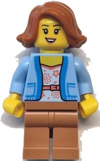 LEGO onderdeel Bus Passenger - Female, Bright Light Blue Jacket over White Shirt with Coral Flowers, Medium Nougat Legs, Dark Orange Hair cty1770