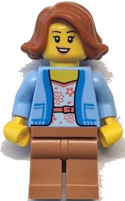 LEGO onderdeel Bus Passenger - Female, Bright Light Blue Jacket over White Shirt with Coral Flowers, Medium Nougat Legs, Dark Orange Hair (cty1770)