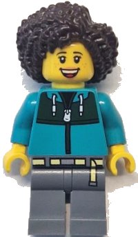 LEGO onderdeel Bus Passenger - Female, Dark Turquoise Jacket with Dark Green Panel, Dark Bluish Gray Legs, Dark Brown Hair cty1771