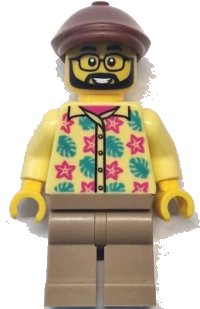 LEGO part Bus Passenger - Male, Bright Light Yellow Shirt with Flowers and Leaves, Dark Tan Legs, Reddish Brown Flat Cap cty1772